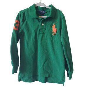 Polo Ralph Lauren Boys Green Long Sleeve Collared Polo Shirt Orange Logo Preppy